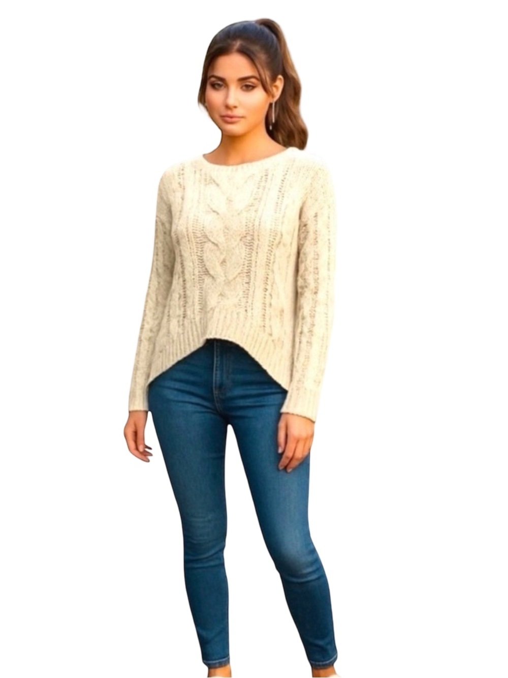 Boundary & Co. Crewneck Cable Knit Sweater. White. Medium - Picture 9 of 11